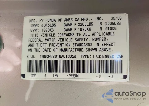 2006 Honda Accord 3.0 Ex из США, поврежденный, VIN 1HGCM82616A013054